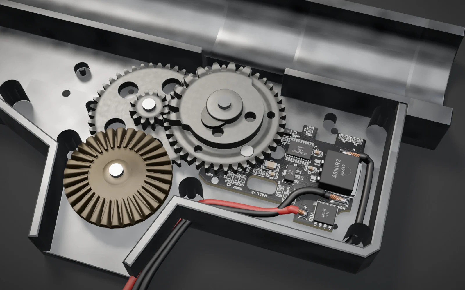 Gearbox yarısında takılı siyah tetik kartı; sektör, spur ve bevel dişliler