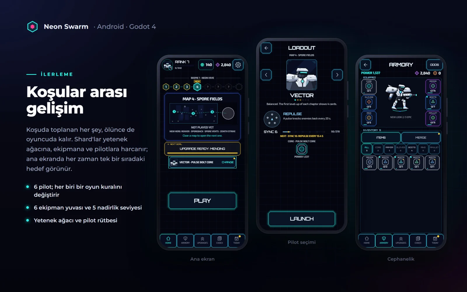 Progression: home screen, VECTOR pilot selection and armory screen