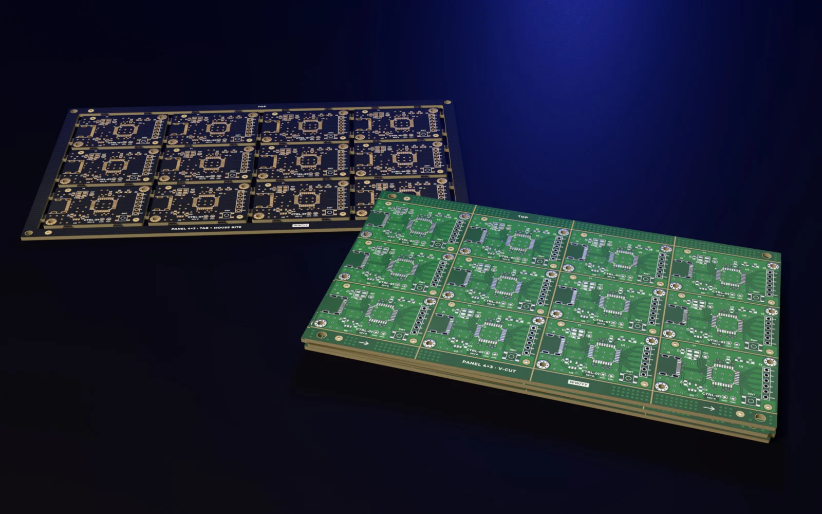 Panel hâlinde üretilmiş PCB'ler: V-cut ve tab + mouse bite paneller (temsili 3B çizim)
