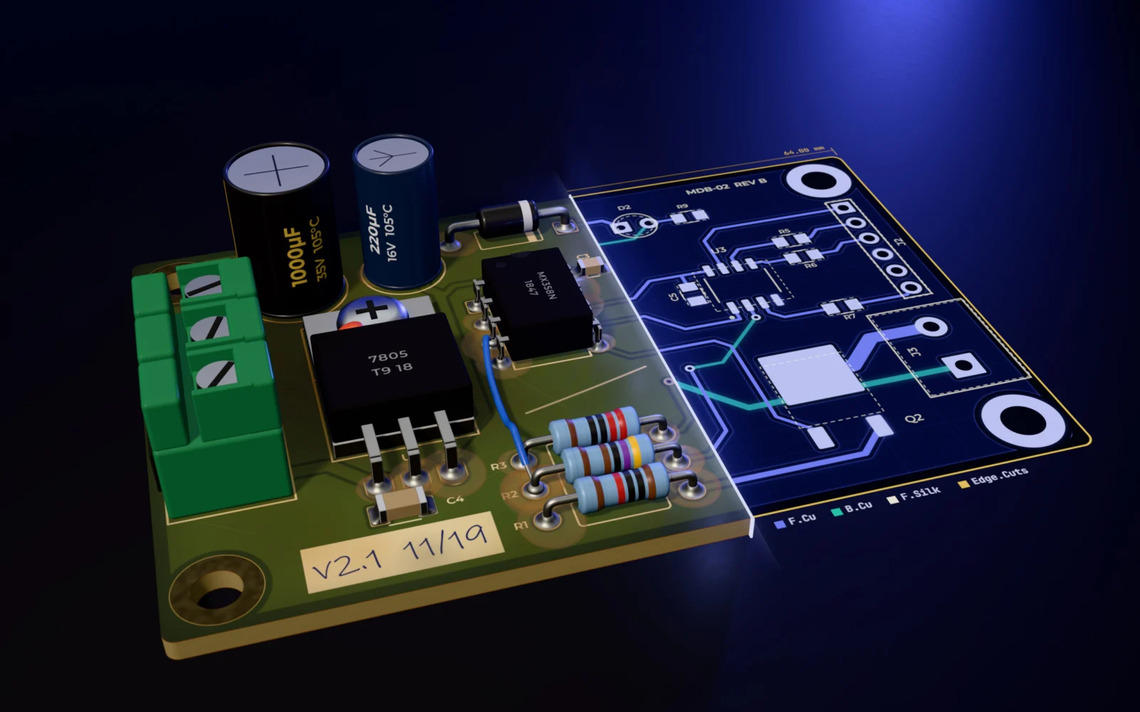 Tersine mühendislik: yıllanmış, delikli montaj bir sürücü kartı ve aynı kartın yeniden çizilmiş iki katmanlı PCB yerleşimi (temsili 3B çizim)