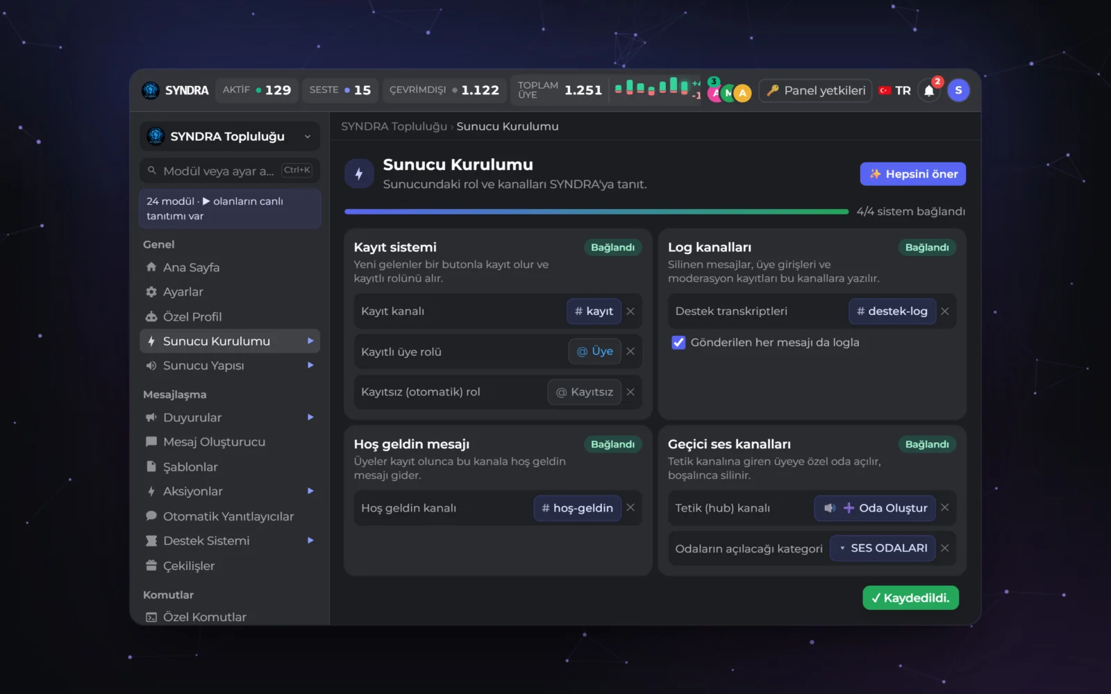 SYNDRA dashboard: Server Setup screen