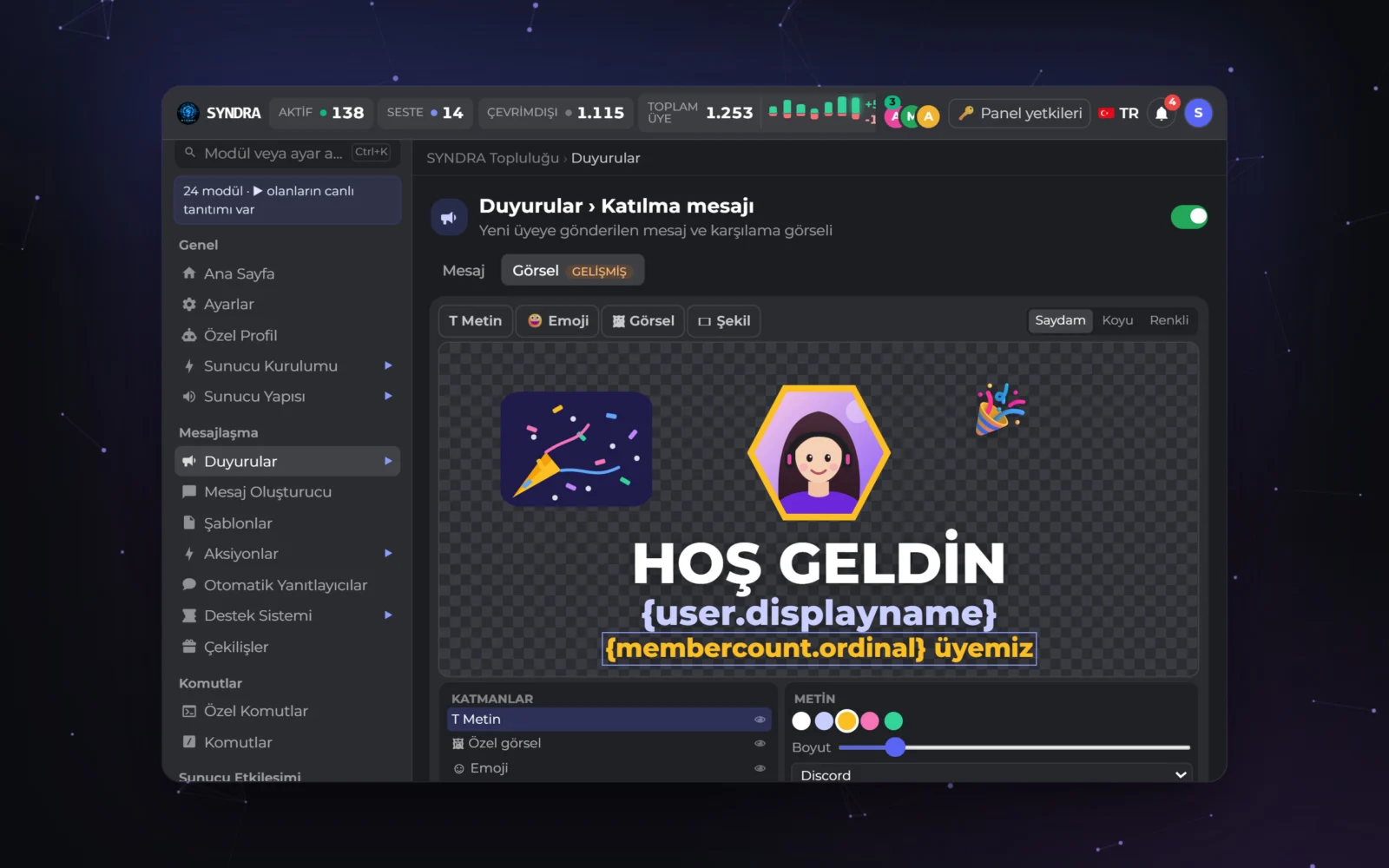 SYNDRA dashboard: Announcements, welcome image editor