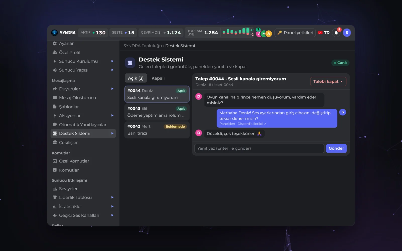 SYNDRA dashboard: Support System, a reply sent from the dashboard