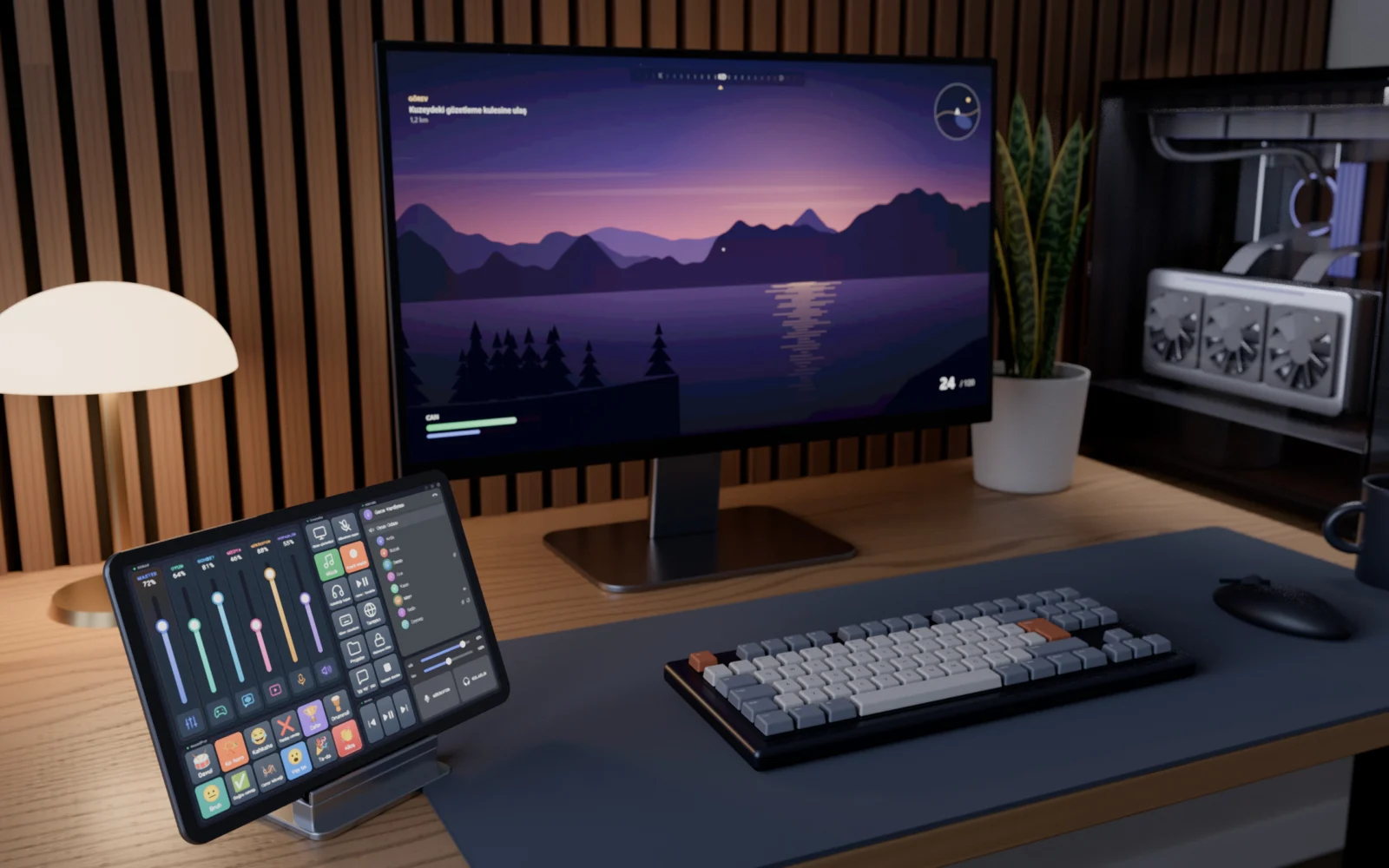 Wireless tablet on a stand on a wooden desk showing the Touch Panel main screen; behind it a monitor and a glass-panel PC case (vertical graphics card, liquid cooling, RAM) and a desk lamp