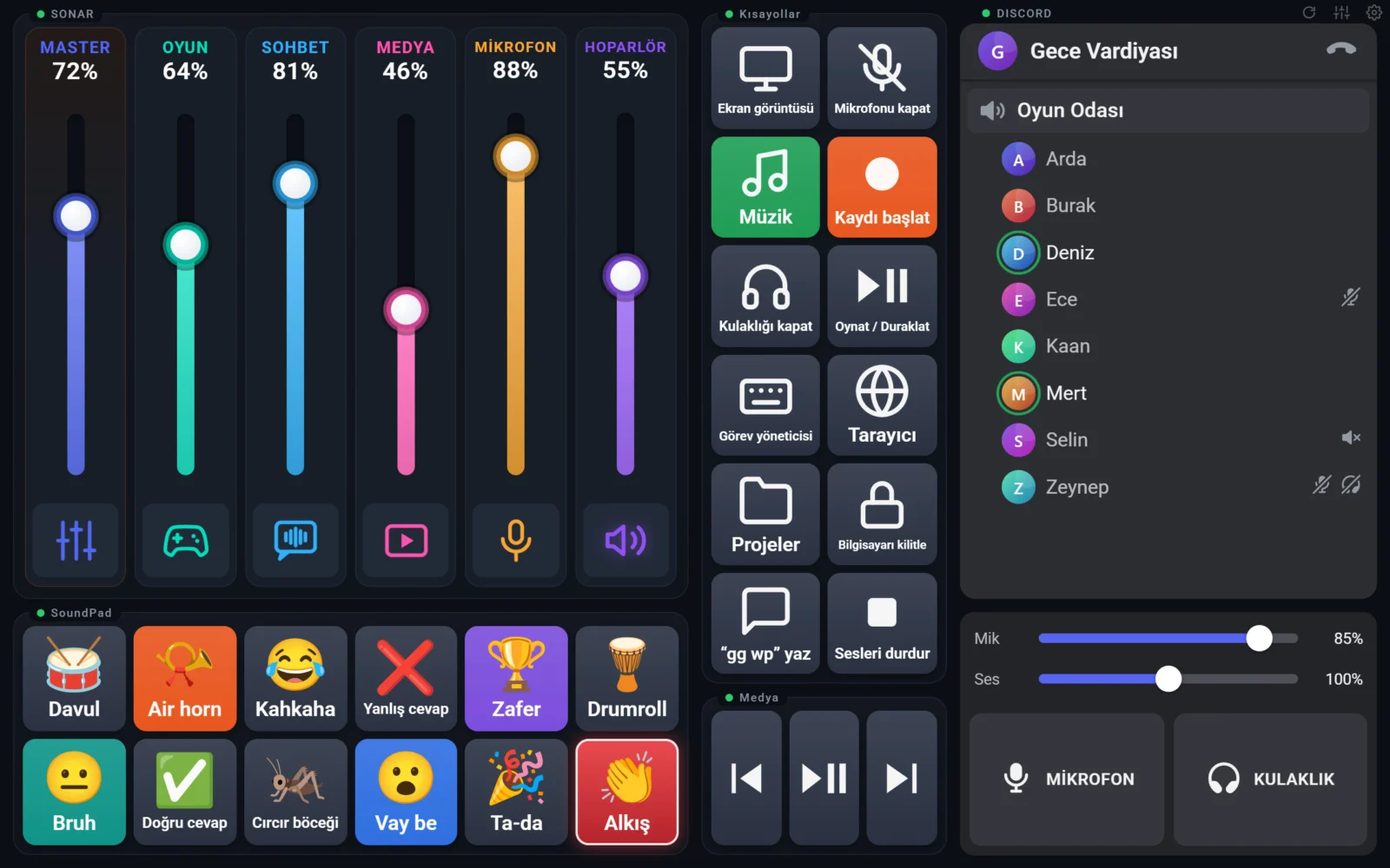 Touch Panel main screen: audio mixer, shortcut buttons, Discord room and the SoundPad with the Applause button playing