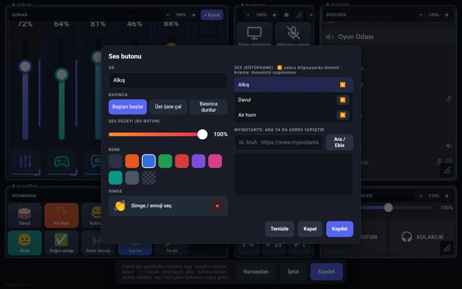 Sound button window in edit mode: Applause sound from the library, name, blue colour and clapping emoji selected
