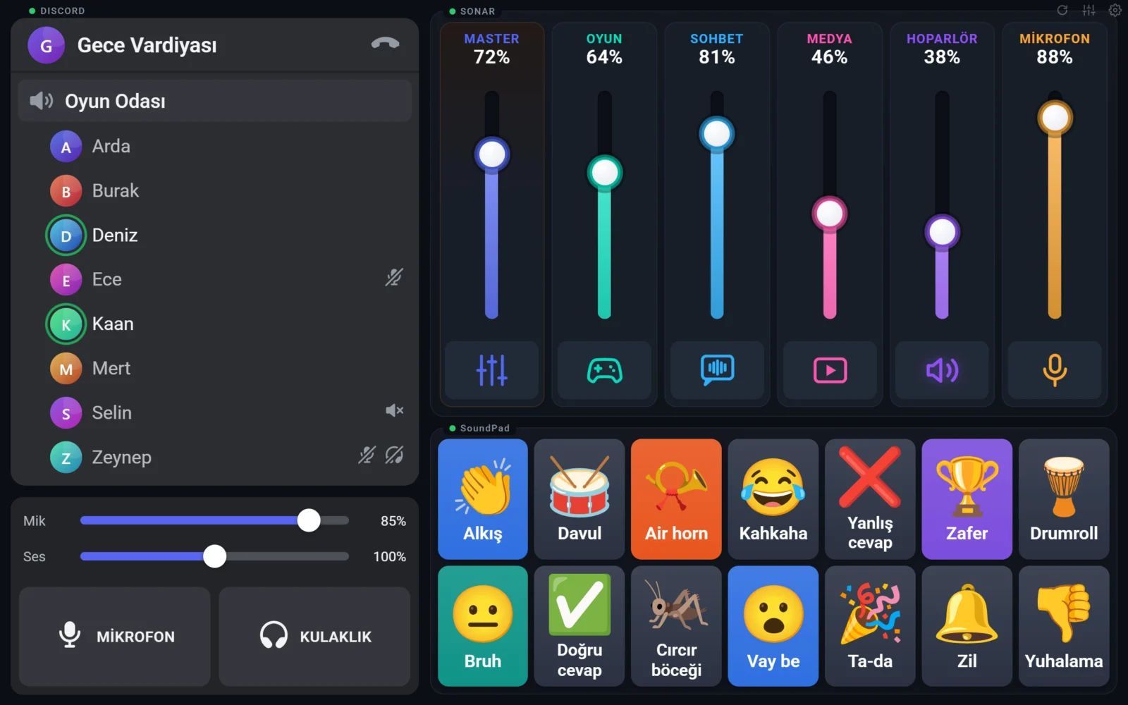 Discord-focused layout: people in the voice room, speaking rings, microphone and headphone buttons, mixer and SoundPad