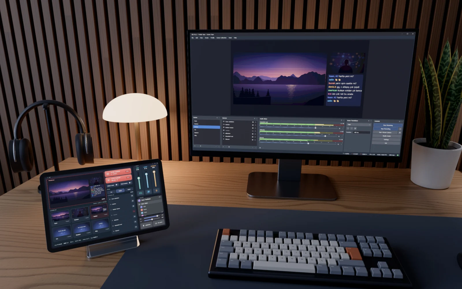 OBS page on the tablet and the OBS window on the monitor: Chat scene live, recording in progress