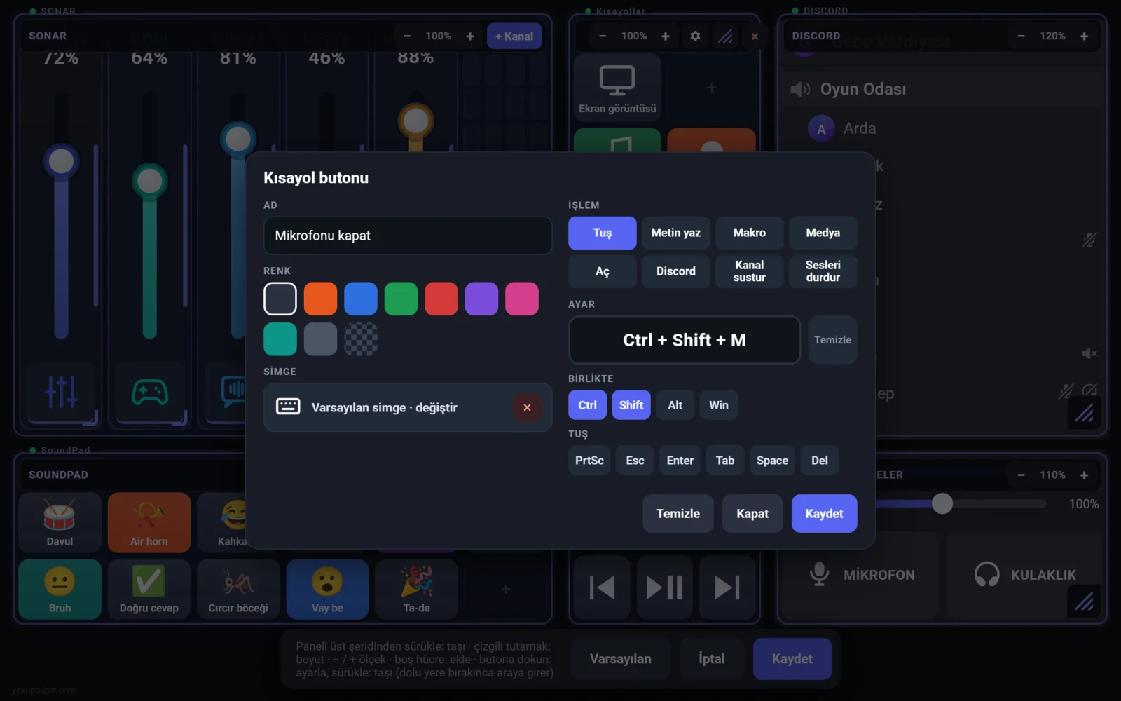 Shortcut button window: Ctrl+Shift+M assigned to an empty cell and named 'Mute microphone'